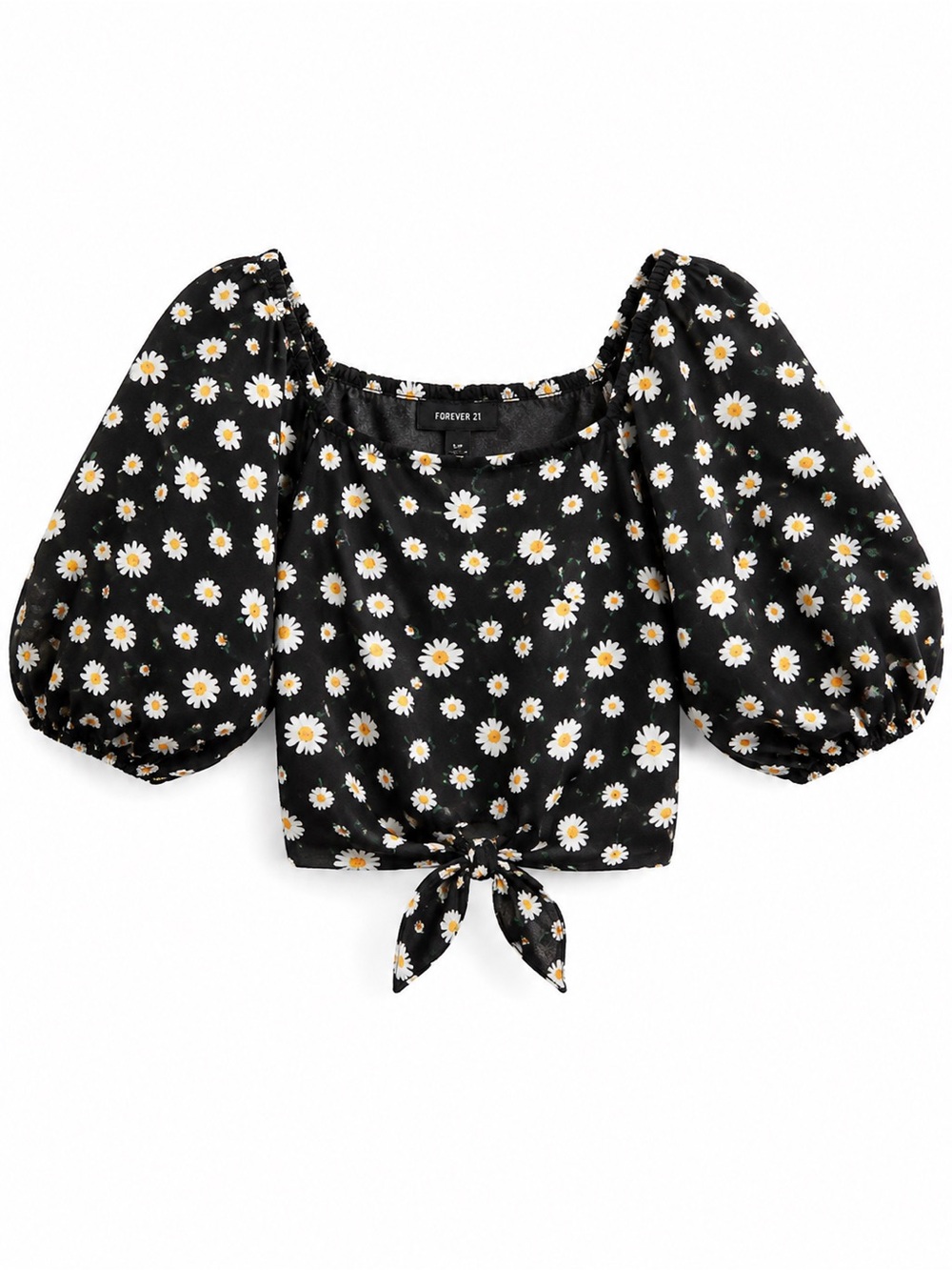Forever 21 Black Daisy Floral Puff Sleeve Tie Front Crop Top Girls Size L 13/14